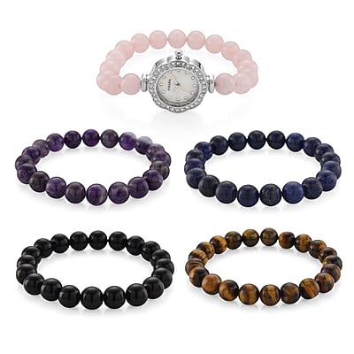 Strada Multi Gemstone Japanese Movement Bracelet Watch and 4pcs Beaded Bracelet (7-7.5In) in Silvertone 145.00 ctw