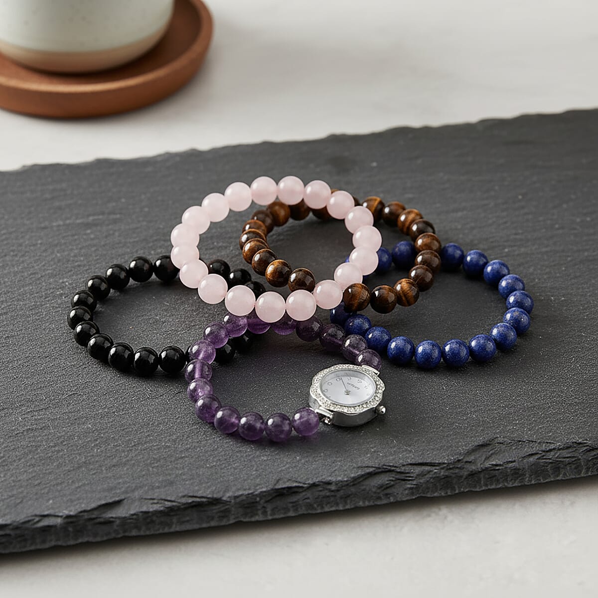 Strada Multi Gemstone Japanese Movement Bracelet Watch and 4pcs Beaded Bracelet (7-7.5In) in Silvertone 145.00 ctw image number 1