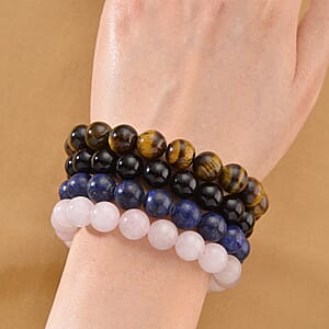 Strada Multi Gemstone Japanese Movement Bracelet Watch and 4pcs Beaded Bracelet (7-7.5In) in Silvertone 145.00 ctw