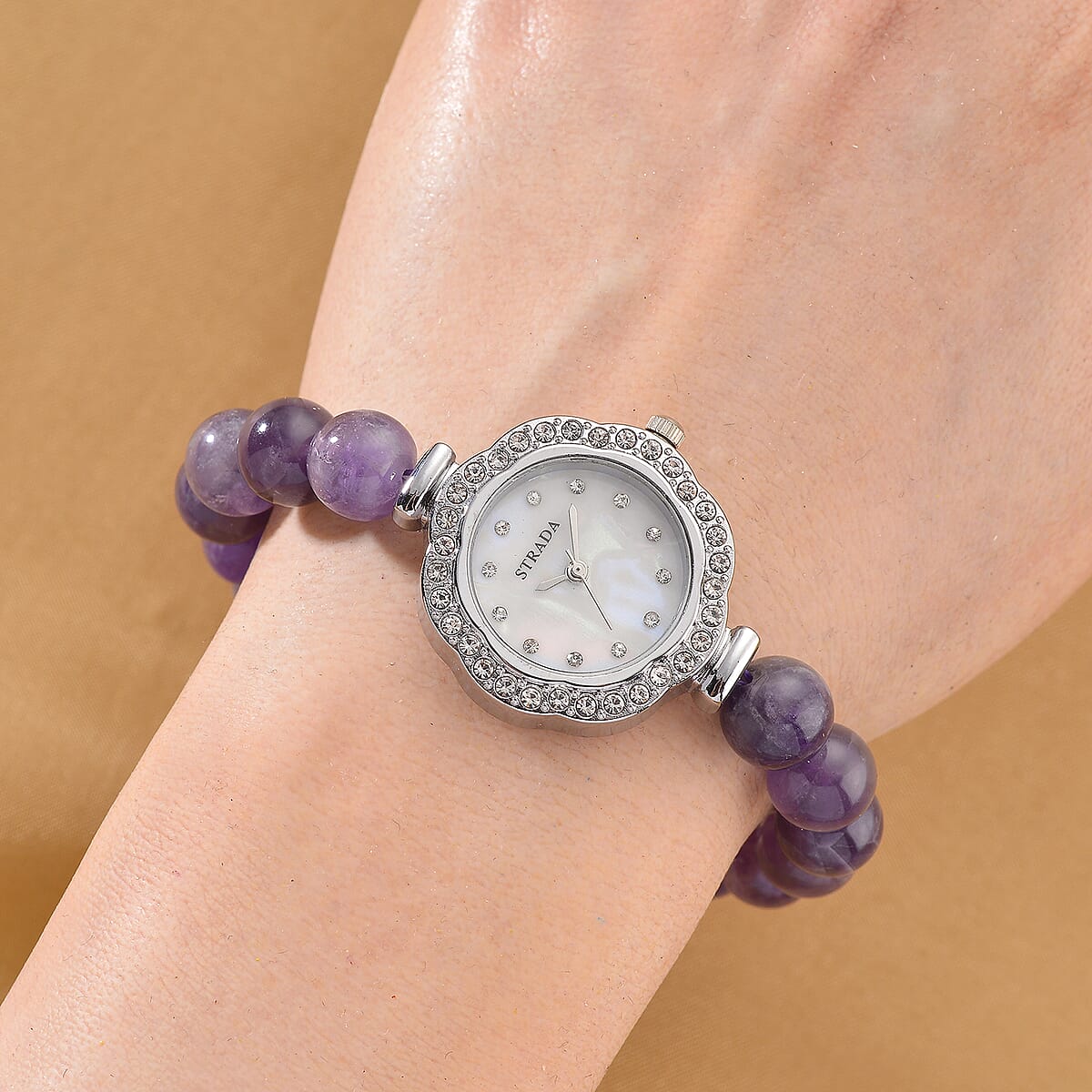 Strada Multi Gemstone Japanese Movement Bracelet Watch and 4pcs Beaded Bracelet (7-7.5In) in Silvertone 145.00 ctw image number 3