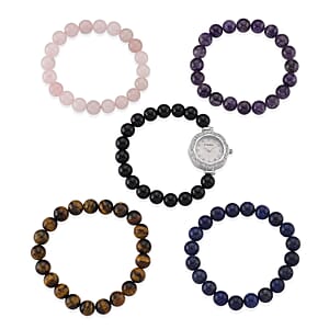 Strada Multi Gemstone Japanese Movement Bracelet Watch and 4pcs Beaded Bracelet (7-7.5In) in Silvertone 145.00 ctw
