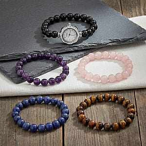 Strada Multi Gemstone Japanese Movement Bracelet Watch and 4pcs Beaded Bracelet (7-7.5In) in Silvertone 145.00 ctw