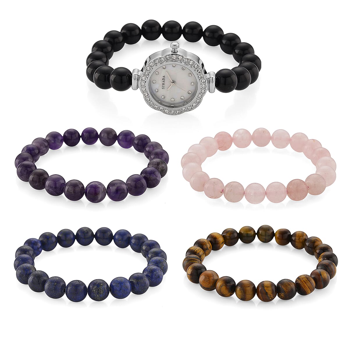 Strada Multi Gemstone Japanese Movement Bracelet Watch and 4pcs Beaded Bracelet (7-7.5In) in Silvertone 145.00 ctw image number 4