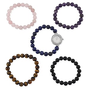 Strada Multi Gemstone Japanese Movement Bracelet Watch and 4pcs Beaded Bracelet (7-7.5In) in Silvertone 150.00 ctw