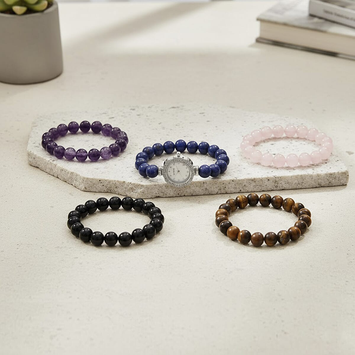 Strada Multi Gemstone Japanese Movement Bracelet Watch and 4pcs Beaded Bracelet (7-7.5In) in Silvertone 150.00 ctw image number 1
