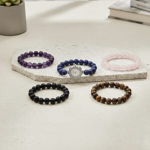 Strada Multi Gemstone Japanese Movement Bracelet Watch and 4pcs Beaded Bracelet (7-7.5In) in Silvertone 150.00 ctw
