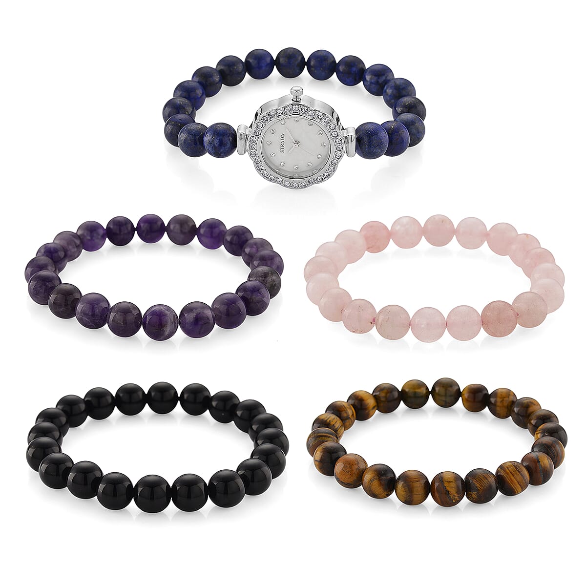 Strada Multi Gemstone Japanese Movement Bracelet Watch and 4pcs Beaded Bracelet (7-7.5In) in Silvertone 150.00 ctw image number 4