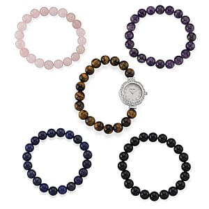 Strada Multi Gemstone Japanese Movement Bracelet Watch and 4pcs Beaded Bracelet (7-7.5In) in Silvertone 145.00 ctw