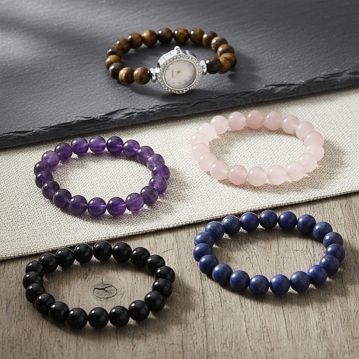 Strada Multi Gemstone Japanese Movement Bracelet Watch and 4pcs Beaded Bracelet (7-7.5In) in Silvertone 145.00 ctw image number 1