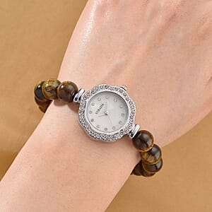 Strada Multi Gemstone Japanese Movement Bracelet Watch and 4pcs Beaded Bracelet (7-7.5In) in Silvertone 145.00 ctw
