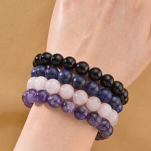 Strada Multi Gemstone Japanese Movement Bracelet Watch and 4pcs Beaded Bracelet (7-7.5In) in Silvertone 145.00 ctw
