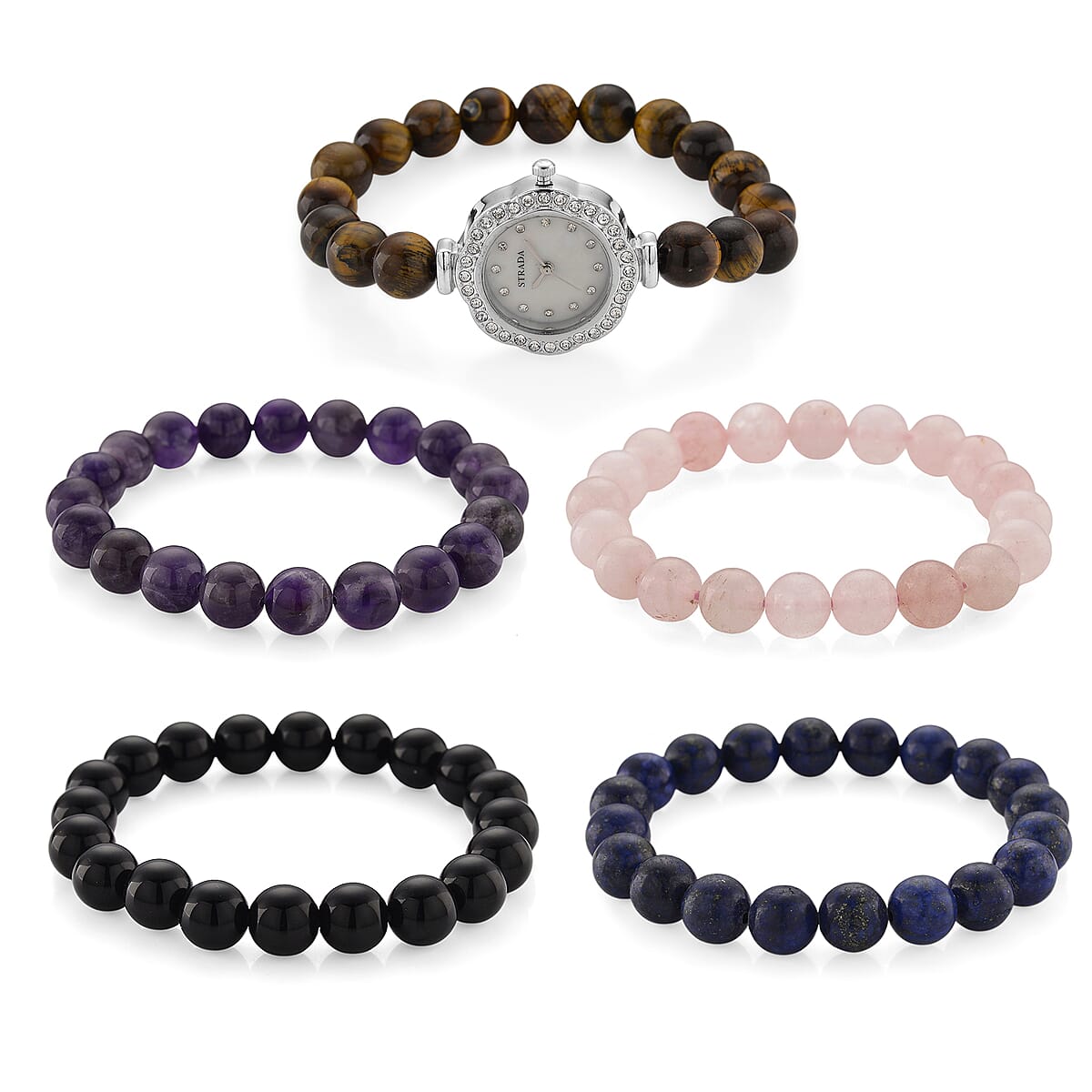 Strada Multi Gemstone Japanese Movement Bracelet Watch and 4pcs Beaded Bracelet (7-7.5In) in Silvertone 145.00 ctw image number 4