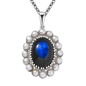 EverTrue AAA Malagasy Labradorite and Fresh Water Pearl 6.10 ctw Pendant in Platinum Bond with Stainless Steel Necklace 20 Inches