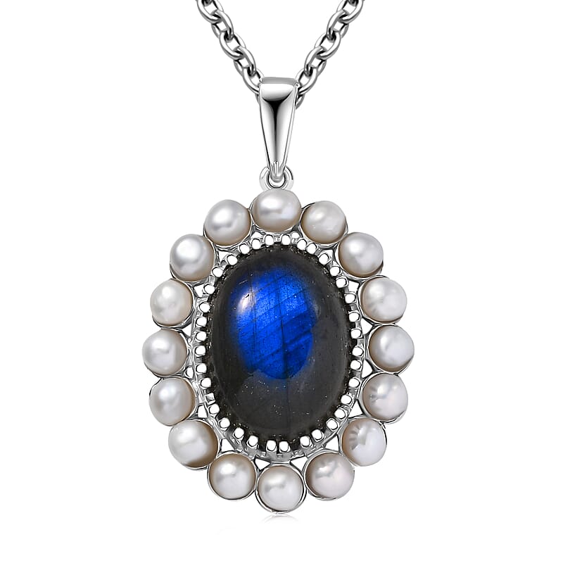 EverTrue AAA Malagasy Labradorite and Freshwater Pearl 6.10 ctw Pearl Eclipse Pendant in Platinum Bond with Stainless Steel Necklace (20 Inches)