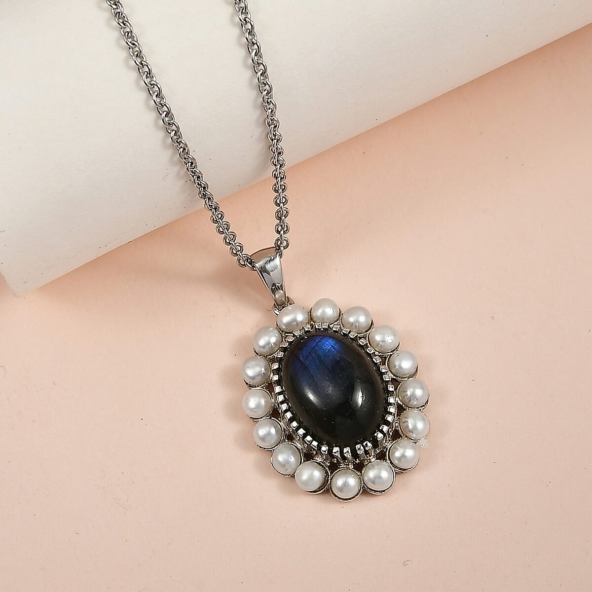 EverTrue AAA Malagasy Labradorite and Fresh Water Pearl 6.10 ctw Pendant in Platinum Bond with Stainless Steel Necklace 20 Inches image number 1