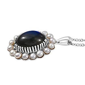 EverTrue AAA Malagasy Labradorite, Freshwater Pearl Eclipse Pendant in Platinum Bond with Stainless Steel Necklace 6.10 ctw (20 Inches)