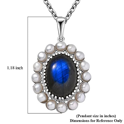 EverTrue AAA Malagasy Labradorite and Freshwater Pearl 6.10 ctw Pearl Eclipse Pendant in Platinum Bond with Stainless Steel Necklace (20 Inches)