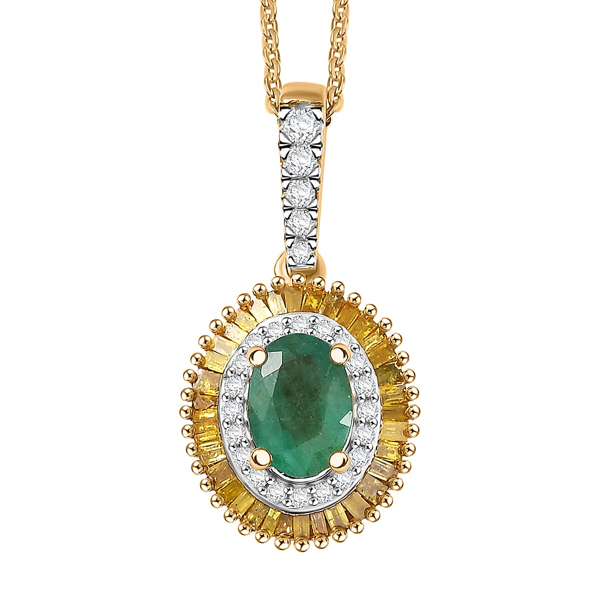 D'Joy Premium Kagem Zambian Emerald and Diamond 1.15 ctw Halo Pendant Necklace in 18K Vermeil Yellow Gold Over Sterling Silver 20 Inches image number 0