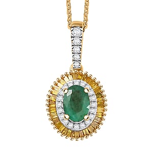 D'Joy Premium Kagem Zambian Emerald and Diamond 1.15 ctw Halo Pendant Necklace in 18K Vermeil Yellow Gold Over Sterling Silver 20 Inches