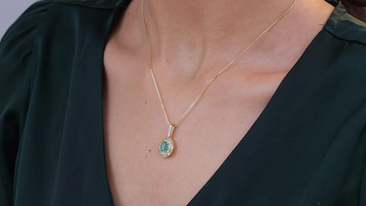 D'Joy Premium Kagem Zambian Emerald and Diamond 1.15 ctw Halo Pendant Necklace in 18K Vermeil Yellow Gold Over Sterling Silver 20 Inches