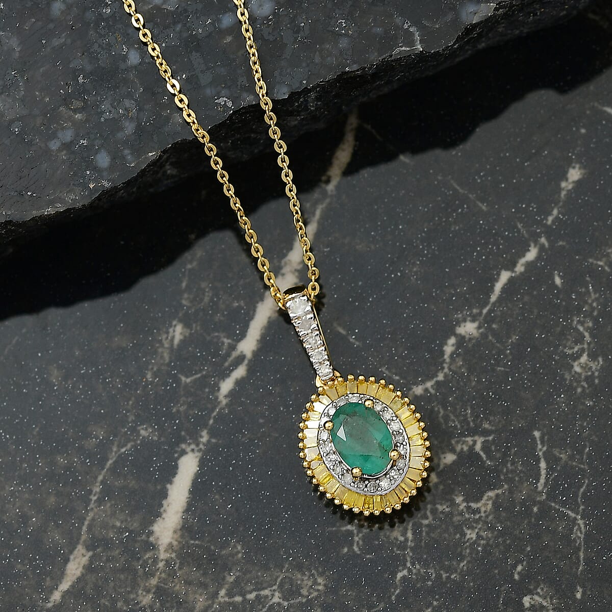 D'Joy Premium Kagem Zambian Emerald and Diamond 1.15 ctw Halo Pendant Necklace in 18K Vermeil Yellow Gold Over Sterling Silver 20 Inches image number 1