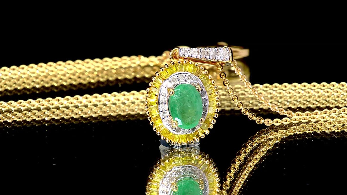 D'Joy Premium Kagem Zambian Emerald and Diamond 1.15 ctw Halo Pendant Necklace in 18K Vermeil Yellow Gold Over Sterling Silver 20 Inches