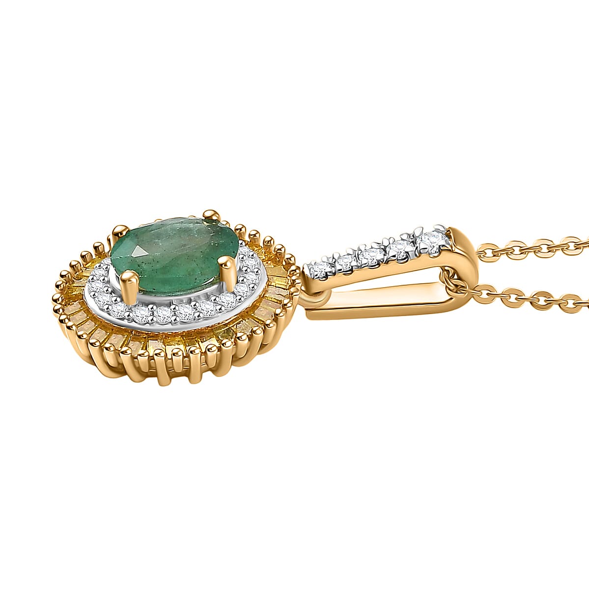 D'Joy Premium Kagem Zambian Emerald and Diamond 1.15 ctw Halo Pendant Necklace in 18K Vermeil Yellow Gold Over Sterling Silver 20 Inches image number 3