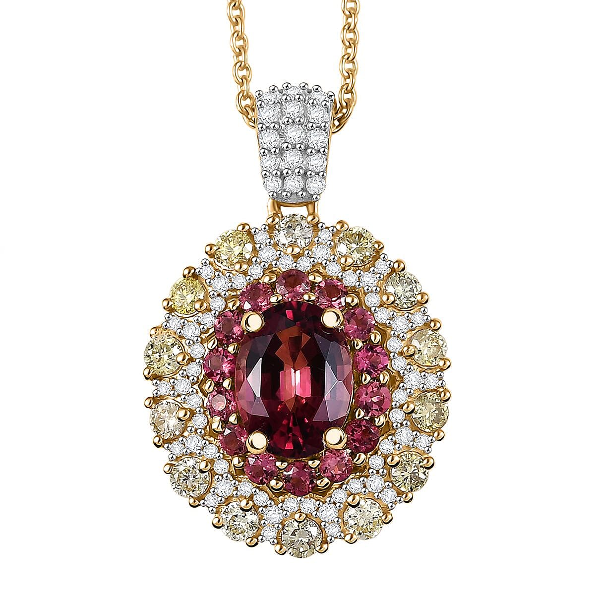 Luxoro AAAA Rubellite, Natural Yellow and White Diamond 2.65 ctw Empress Flame Pendant Necklace in 14K Yellow Gold 20 Inches image number 0