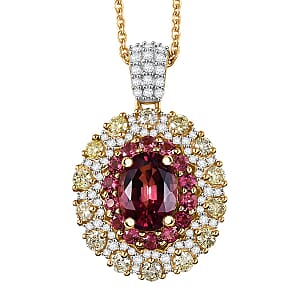 Luxoro AAAA Rubellite, Natural Yellow and White Diamond 2.65 ctw Empress Flame Pendant Necklace in 14K Yellow Gold 20 Inches