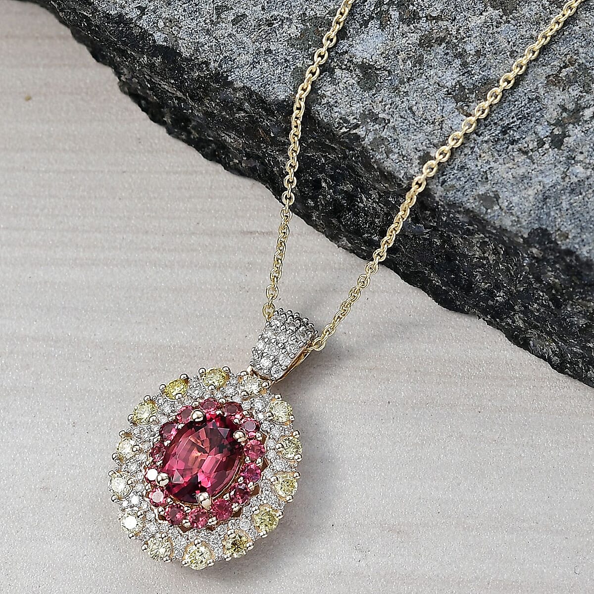 Luxoro AAAA Rubellite, Natural Yellow and White Diamond 2.65 ctw Empress Flame Pendant Necklace in 14K Yellow Gold 20 Inches image number 1