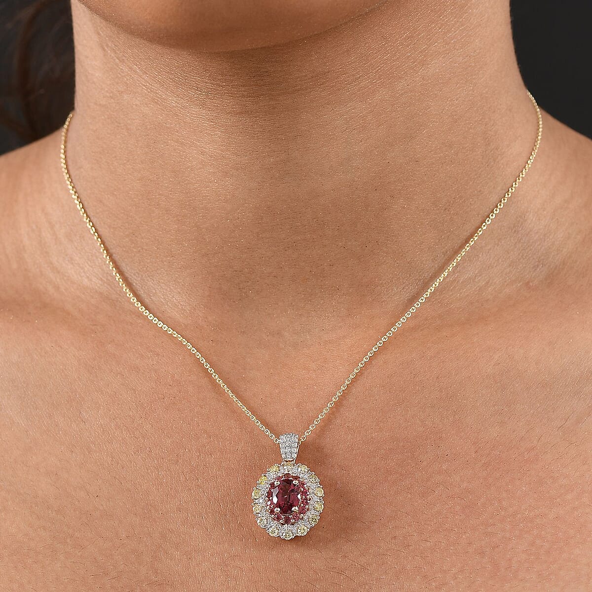 Luxoro AAAA Rubellite, Natural Yellow and White Diamond 2.65 ctw Empress Flame Pendant Necklace in 14K Yellow Gold 20 Inches image number 2
