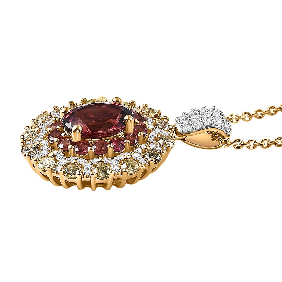Luxoro AAAA Rubellite, Natural Yellow and White Diamond 2.65 ctw Empress Flame Pendant Necklace in 14K Yellow Gold 20 Inches image number 3