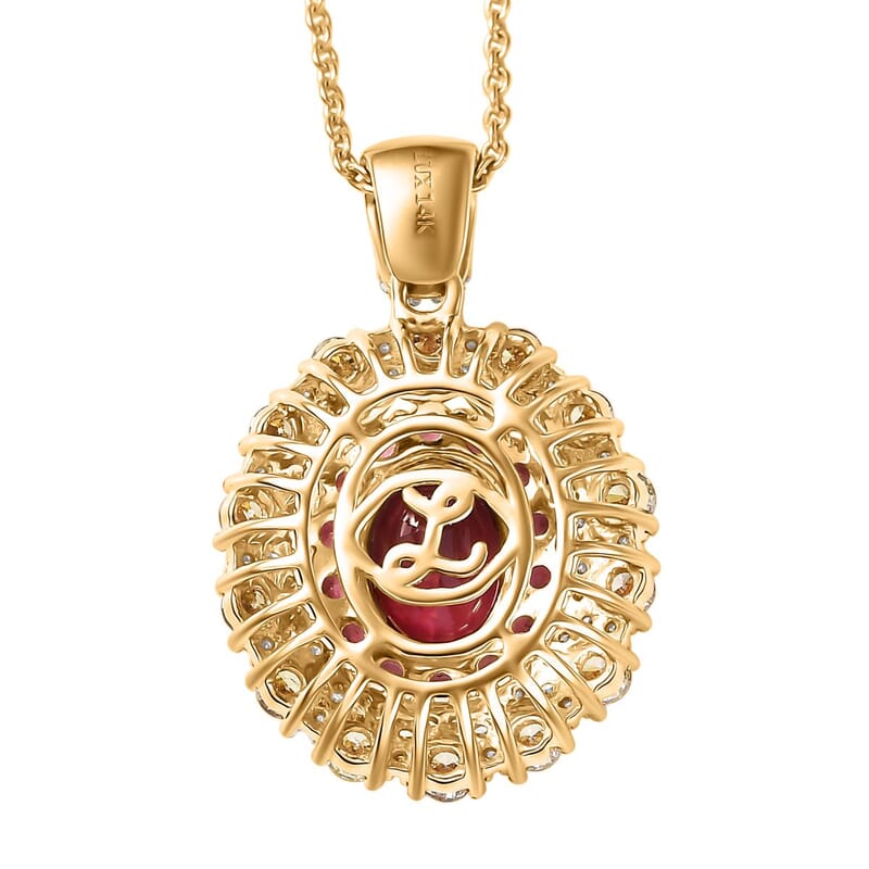 Luxoro AAAA Rubellite, Natural Yellow and White Diamond 2.65 ctw Empress Flame Pendant Necklace in 14K Yellow Gold 20 Inches