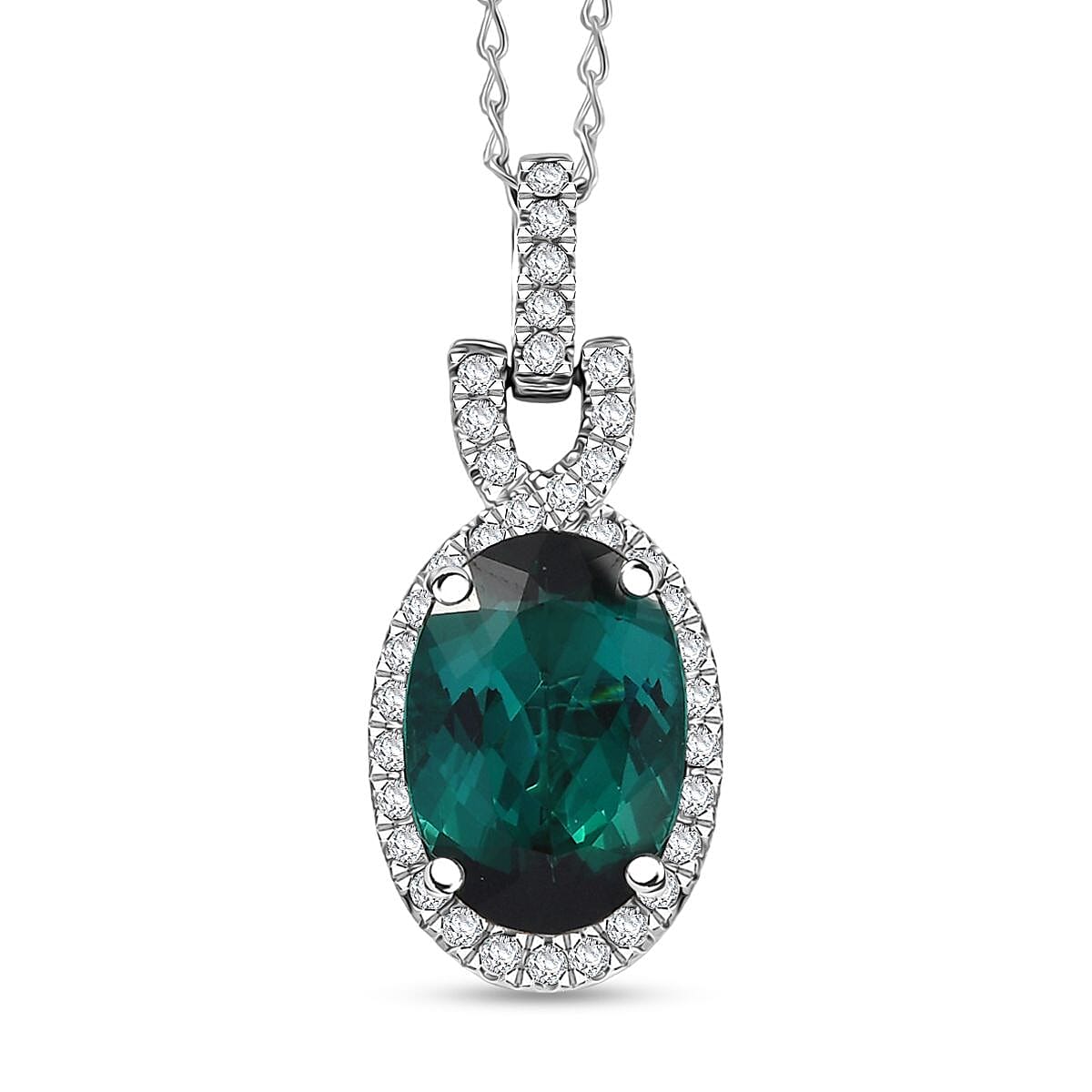 Certified & Appraised Rhapsody AAAA Pirineu Lagoon Tourmaline and E-F VS Diamond 5.50 ctw Pendant Necklace 20 Inches in 950 Platinum 4 Grams image number 0