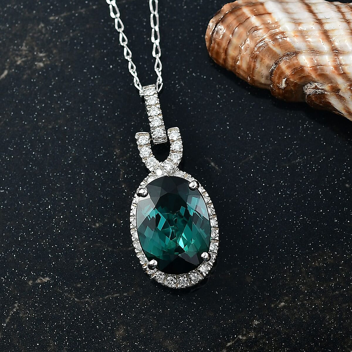 Certified & Appraised Rhapsody AAAA Pirineu Lagoon Tourmaline and E-F VS Diamond 5.50 ctw Pendant Necklace 20 Inches in 950 Platinum 4 Grams image number 1