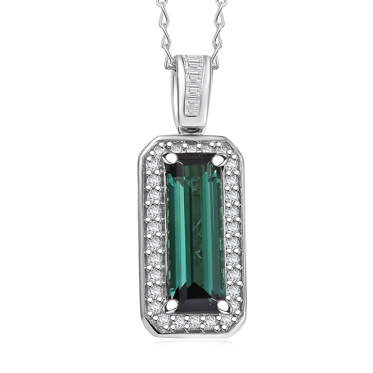 Certified & Appraised Rhapsody AAAA Pirineu Lagoon Tourmaline and E-F VS Diamond 2.88 ctw Pendant Necklace 20 Inches in 950 Platinum 5.38 Grams image number 0