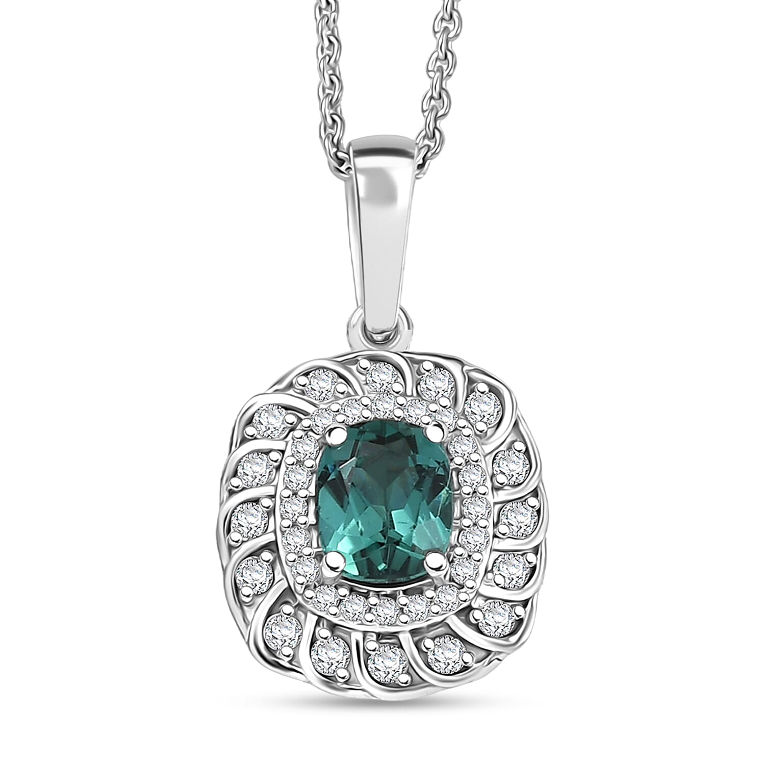 Certified and Appraised Luxoro AAA Pirineu Lagoon Tourmaline and I2 Diamond 1.03 ctw Pendant Necklace in 10K White Gold 20 Inche