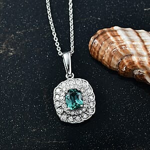 Certified and Appraised Luxoro AAA Pirineu Lagoon Tourmaline and I2 Diamond 1.03 ctw Pendant Necklace in 10K White Gold 20 Inches