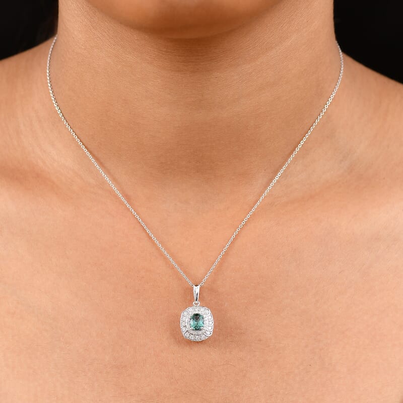 Certified and Appraised Luxoro AAA Pirineu Lagoon Tourmaline and I2 Diamond 1.03 ctw Pendant Necklace in 10K White Gold 20 Inches