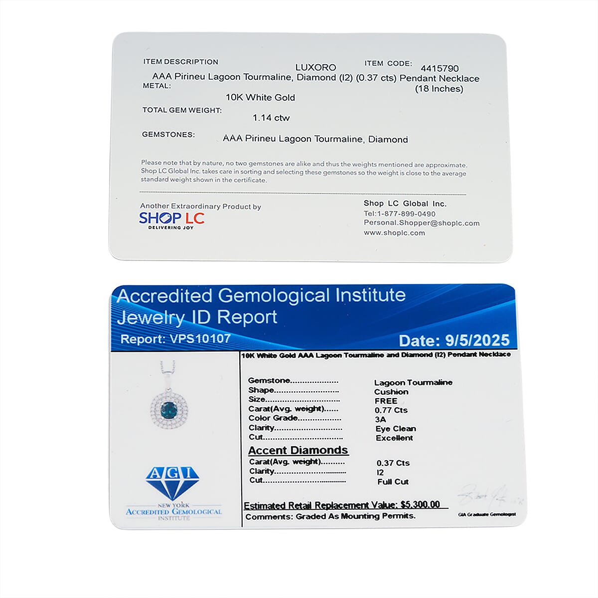 SPECIAL EDITION Certified & Appraised Luxoro 10K White Gold AAA Pirineu Lagoon Tourmaline, Diamond (I2) (0.37 cts) Pendant Necklace (18 Inches) 1.14 ctw image number 7