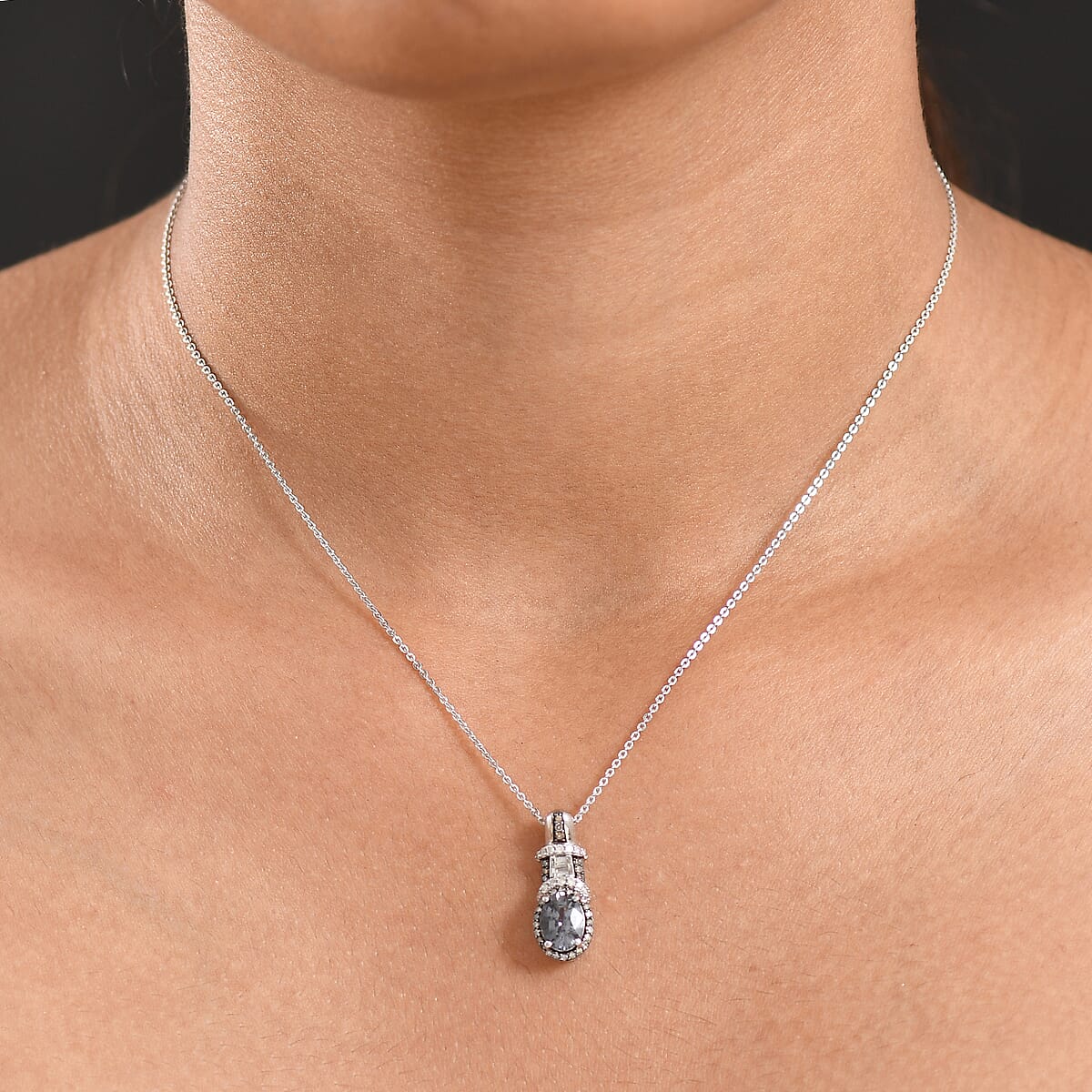 Doorbuster D'Joy Premium Platinum Spinel, Natural Champagne and White Diamond 1.60 ctw Art Deco Pendant Necklace in Rhodium Over Sterling Silver 20 Inches image number 2