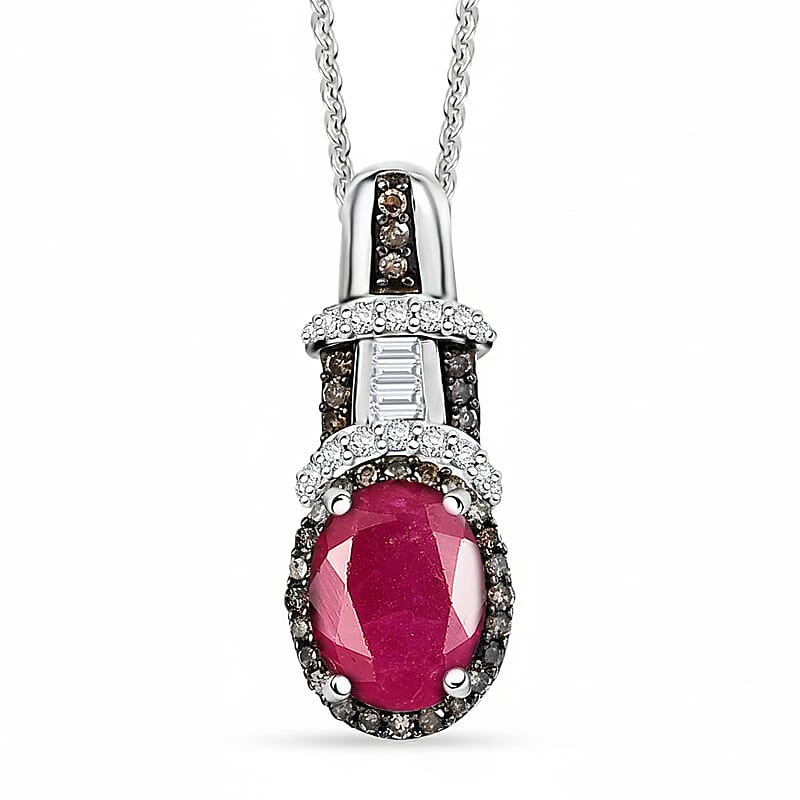  D'Joy Premium Royal Ruby, Natural Champagne and White Diamond 2.10 ctw Art Deco Pendant Necklace in Rhodium Over Sterling Silver 20 Inches