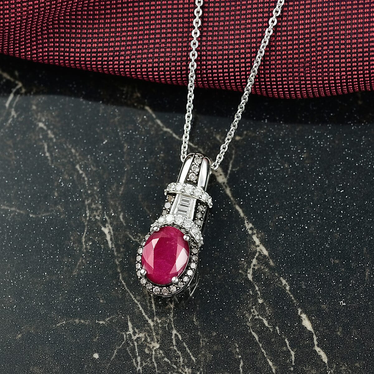 Doorbuster D'Joy Premium Royal Ruby, Natural Champagne and White Diamond 2.10 ctw Art Deco Pendant Necklace in Rhodium Over Sterling Silver 20 Inches image number 1