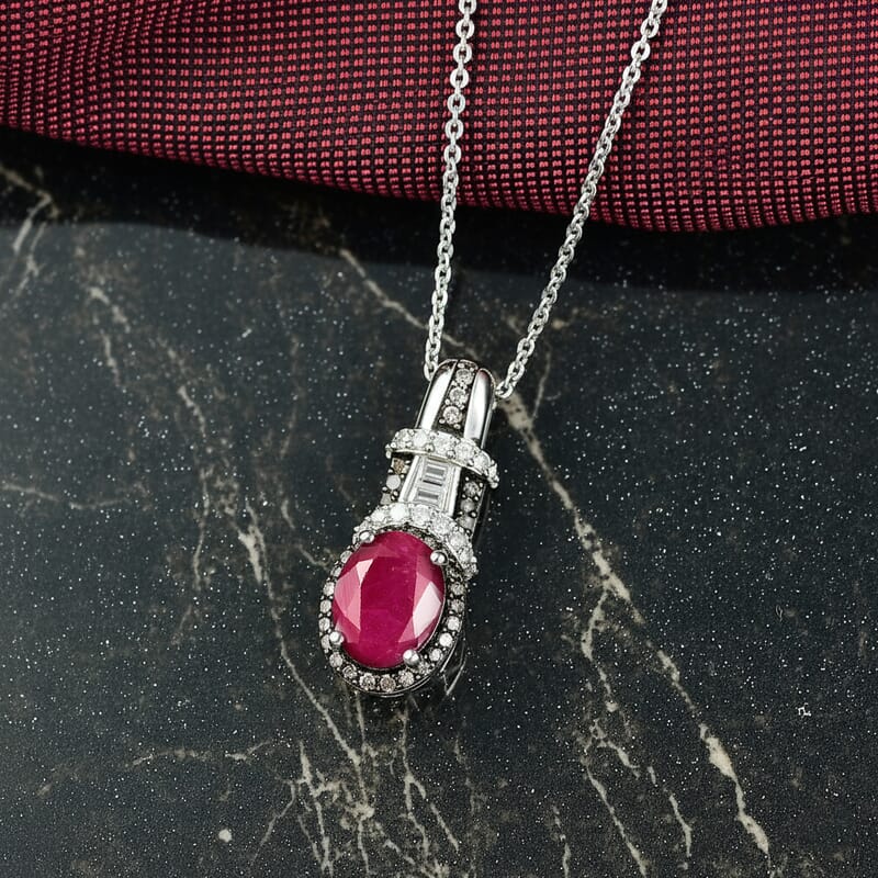 D'Joy Premium Royal Ruby, Natural Champagne and White Diamond 2.10 ctw Art Deco Pendant Necklace in Rhodium Over Sterling Silver 20 Inches