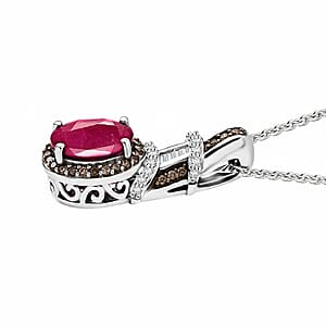  D'Joy Premium Royal Ruby, Natural Champagne and White Diamond 2.10 ctw Art Deco Pendant Necklace in Rhodium Over Sterling Silver 20 Inches