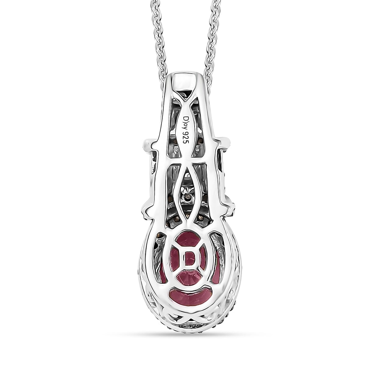 Doorbuster D'Joy Premium Royal Ruby, Natural Champagne and White Diamond 2.10 ctw Art Deco Pendant Necklace in Rhodium Over Sterling Silver 20 Inches image number 4