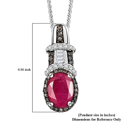  D'Joy Premium Royal Ruby, Natural Champagne and White Diamond 2.10 ctw Art Deco Pendant Necklace in Rhodium Over Sterling Silver 20 Inches