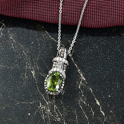 D'Joy Premium Calabar Tourmaline, Natural Champagne and White Diamond 1.50 ctw Art Deco Pendant Necklace in Rhodium Over Sterling Silver 20 Inches
