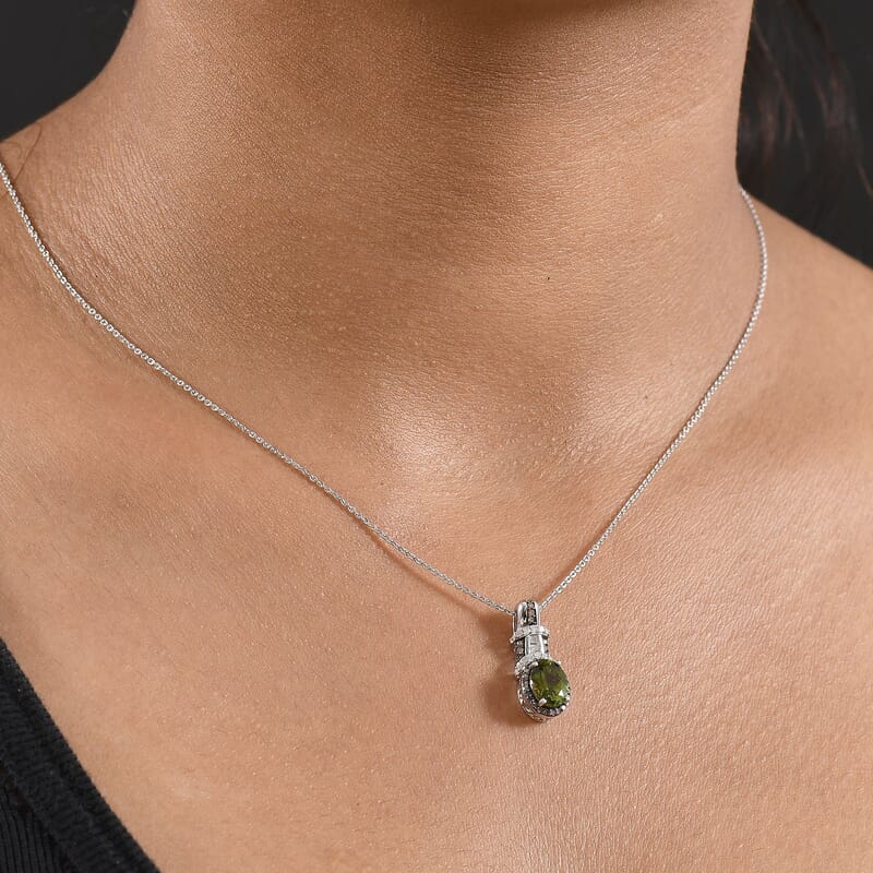 D'Joy Premium Calabar Tourmaline, Natural Champagne and White Diamond 1.50 ctw Art Deco Pendant Necklace in Rhodium Over Sterling Silver 20 Inches
