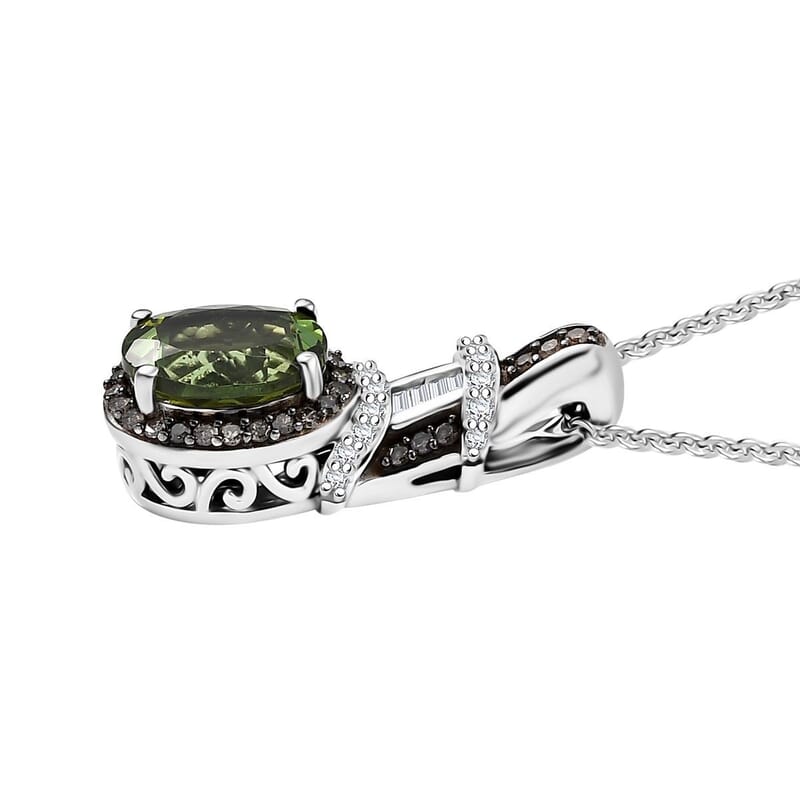 D'Joy Premium Calabar Tourmaline, Natural Champagne and White Diamond 1.50 ctw Art Deco Pendant Necklace in Rhodium Over Sterling Silver 20 Inches